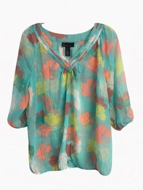 Lane Bryant Sheer Floral Blouse Size 14/16 Plus V-Neck Boho Top